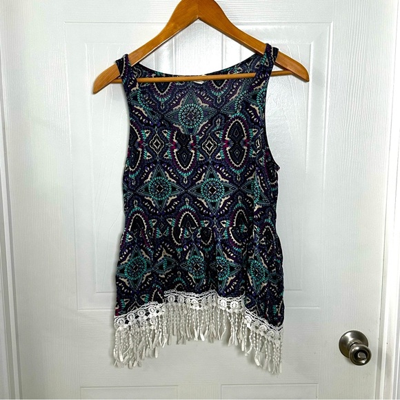 Dream Fields Boho Crochet Fringe Tank Top L Geometric Mandala Festival - Picture 1 of 8